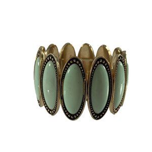 Mint Green Enamel Silver Tone Oval Shape Stretch Bracelet 1.5" Wide